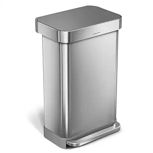 simplehuman 45 Liter / 12 Gallon Liter Rectangular Hands-Free Kitchen Step Trash Can with Soft-Close Lid, Brushed Stainless Steel with Plastic Lid