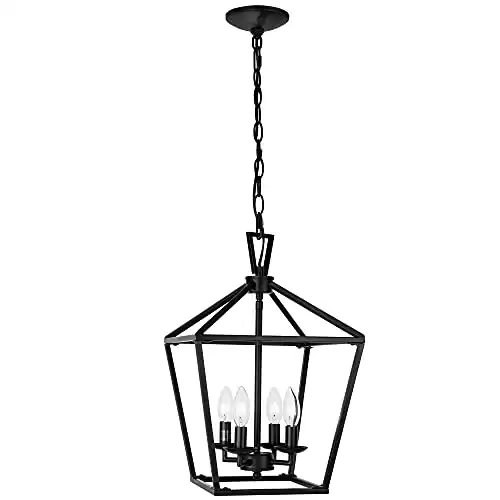 Untrammelife 4-Light Black Lantern Pendant Light, Adjustable Height Square Cage Pendant Hanging Lighting Fixture 11 Rustic Lantern Chandelier for Dining Room Kitchen Island Foyer