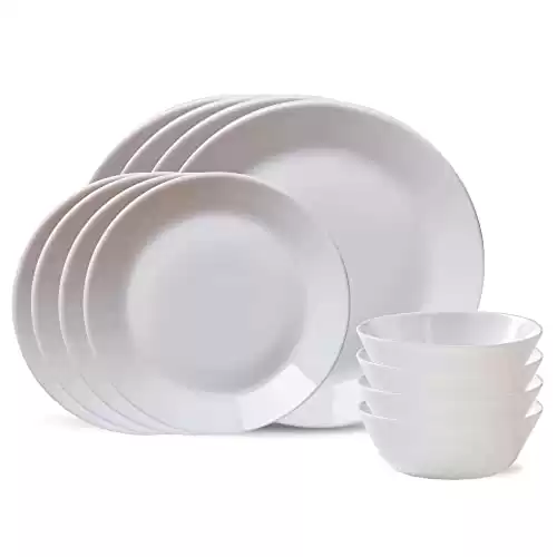 Corelle MilkGlass 12-Piece Dinnerware Set, Service for 4, Lightweight & Chip Resistant Dinner Dessert Plate & Soup/Cereal Bowl, White