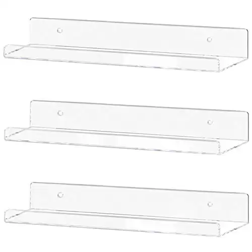 Weiai Clear Acrylic Shelf 15" Invisible Floating Wall Ledge Bookshelf, Kids Book Display Shelves Wall Mounted (15 Inch 3Pack)