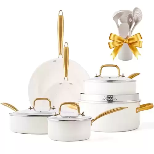 Granite Nonstick Cookware Set – Kitchen Pots and Pans With Dutch Oven, Frying Pan, Saucepan, Sauté Pan, Utensils – Gold Cookware Gifts