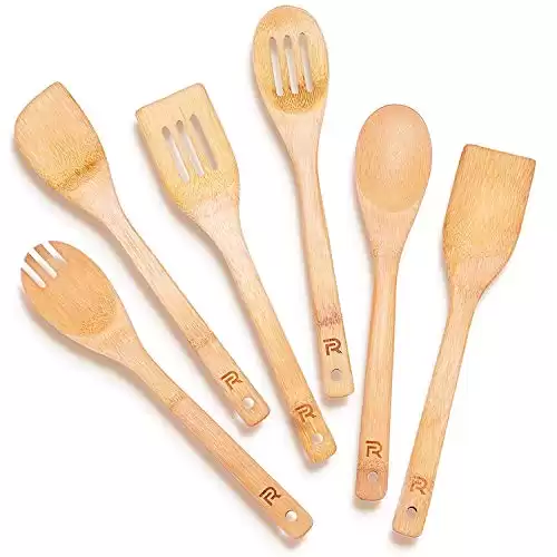 Riveira Bamboo Wooden Spoons for Cooking 6-Piece , Apartment Essentials Wood Spatula Spoon Nonstick Kitchen Utensil Set Premium Quality Housewarming Gifts for Everyday Use