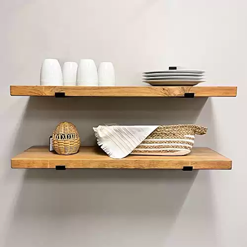 Rustic Shelves with J-Brackets Set of 2, Industrial Shelf, Kitchen Shelves, Solid Wood, Decorative Wall Storage, Heavy Duty, URBANDI (Brown, 24Wx12D)