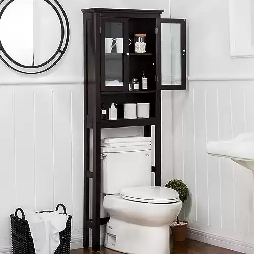 glitzhome 68”H Over The Toilet Storage, Freestanding Wooden Bathroom Storage Cabinet Organizer with Double Glass Doors and Adjustable Shelf,Space Saver, Espresso