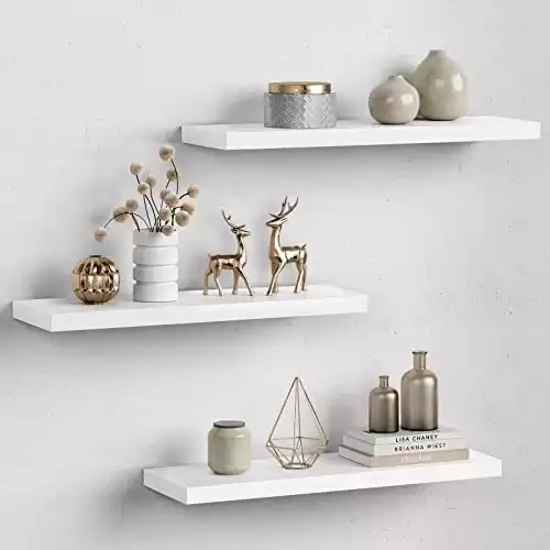 Forbena White Floating Shelves for Wall Decor, 24 Inches Long Wall Shelves for Bedroom Storage, Large Deep Wall Mounted Shelves for Bathroom, Laundry Living Room Book, Kitchen, Closet, Set of 3