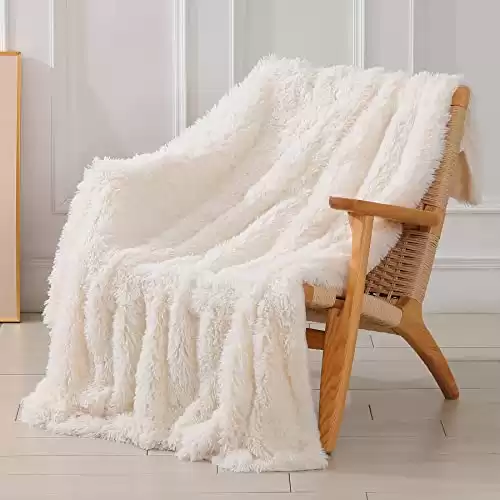 Tuddrom Decorative Extra Soft Fuzzy Faux Fur Throw Blanket 50" x 60",Solid Reversible Long Hair Shaggy Blanket,Fluffy Cozy Plush Comfy Microfiber Fleece Blankets for Couch Sofa Bedroom,Cream...
