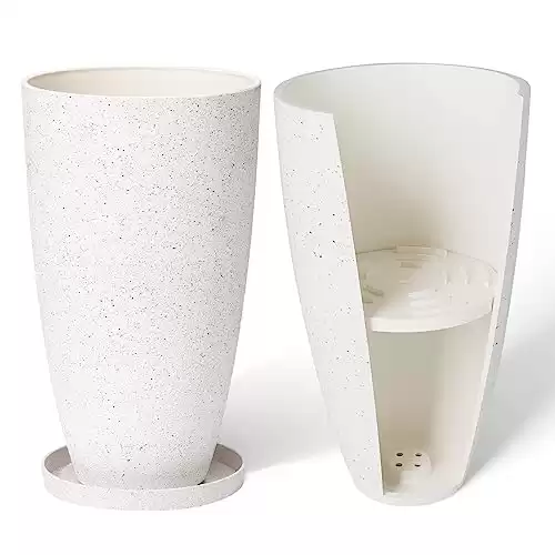 LA Jolie Muse 20 Inch Tall White Planters,Set of 2 Indoor/Outdoor Tall Planters with Shelf Insert and Trays,Modern Large Flower Pot for Front Front Door, Patio and Deck