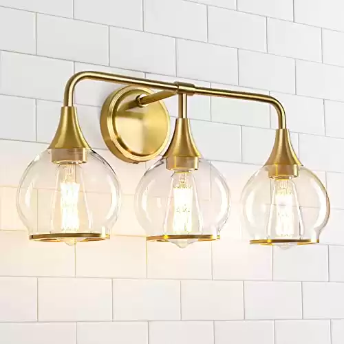 HAHZT Gold Bathroom Vanity Light 3-Lights Bathroom Light Fixtures Over Mirror with Clear Glass Shade 22.4 inch Wall Sconce Lighting Bath(Exclude E26 Bulb)