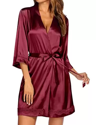 Ekouaer Robes for Women Silk Sexy Sleepwear Lace-Trim Kimono Bathrobe 3/4 Sleeve Bridesmaid Bride Robe
