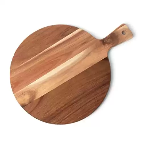 Premium Acacia Cutting Board with Handle – Wooden Chopping Board for Kitchen (12″x16″) Round Acacia Paddle Cutting Boards for Meat, Bread, Serving Board, Cheese, Vegetables & Fru...