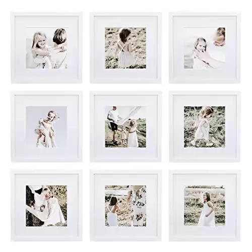 Sheffield Home 9 Piece Gallery Wall Frame Set, 12 12 Inch, Matted to 8 8 Inch, White