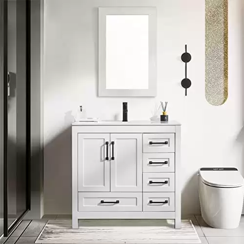 eclife 36" Bathroom Vanities Cabinet with Sink Combo Set, Undermount Ceramic Sink w/Thickened Wood, Matte Black Faucet, High-Definition Mirror, White
