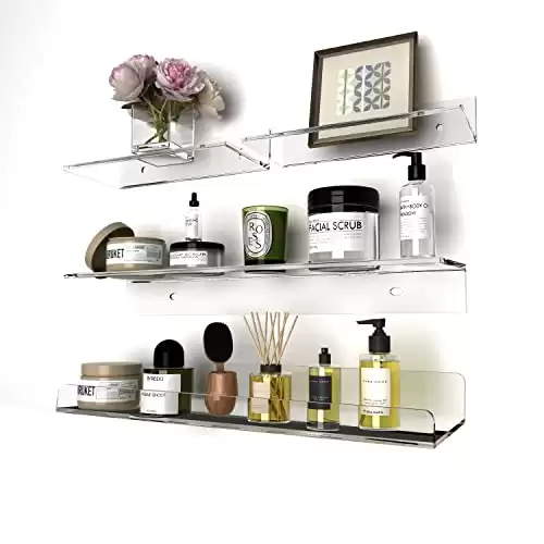 Acrylic Floating Shelves,Bathroom Shower Shelf,No Drill No Damage Wall Mounted,Clear Invisible,Renter Friendly Shelves Can Be Used in Bedroom, Kitchen, Living Room, Bathroom,Office (4 Pack)