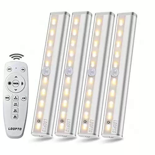 LDOPTO Under Cabinet Lights Wireless with Remote Control Dimmable Battery Operated LED Closet Lights Stick-on Kitchen Lighting with Timer for Kitchen Shelf Hallway Stairs, Multiple Colors 4 Pack