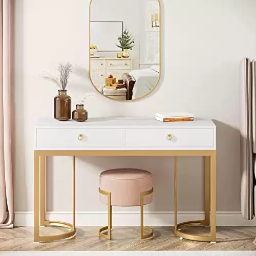 Tribesigns 47 inch White and Gold Computer Desk with 2 Drawers, Modern Simple White Vanity Desks Makeup Table with Heavy Duty Golden Metal Frame Handles for Home Bedroom (Without Mirror)