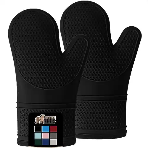 Gorilla Grip Heat and Slip Resistant Silicone Oven Mitts Set, Soft Cotton Lining, Waterproof, BPA-Free, Long Flexible Thick Gloves for Cooking, Kitchen Mitt Potholders, 12.5 in, Black