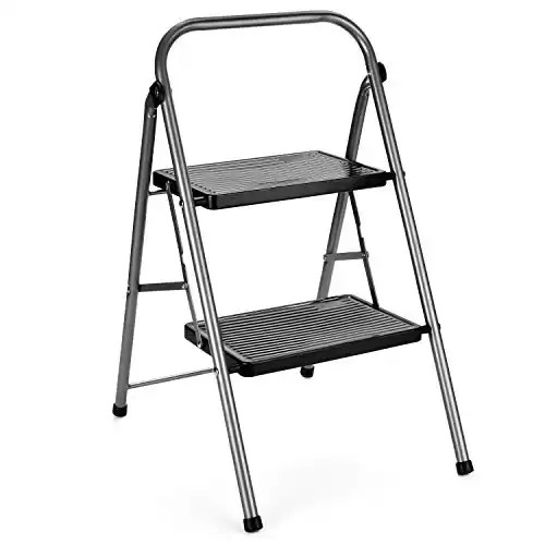 Delxo 2 Step Stool Folding Step Ladder Two Stepstool with Handrails,Heavy Duty Sturdy Small Compact Ladder Portable Anti-Slip Safety Kitchen Stepladder Metal 2ft Folding Step Stools for Adults (Grey)