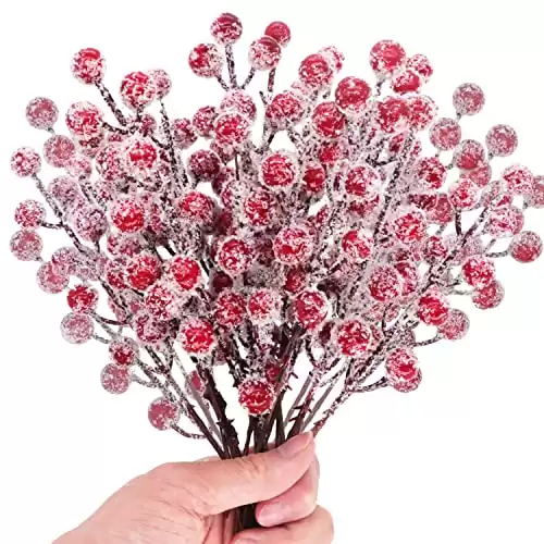 24 Pieces Artificial Holly Berry Stems 9″ Christmas Berry Picks Sprays Snowy Fake Red Berries for Christmas Tree Branches Fillers Ornaments Valentine DIY Crafts Wedding Home Party Winter Decor (...