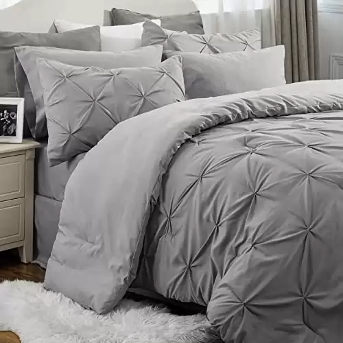 Bedsure Queen Comforter Set 7 Pieces Comforters Queen Size Grey, Pintuck Bedding Sets Queen for All Season, Bed in a Bag with Flat Sheet and Fitted Sheet, Pillowcases & Shams