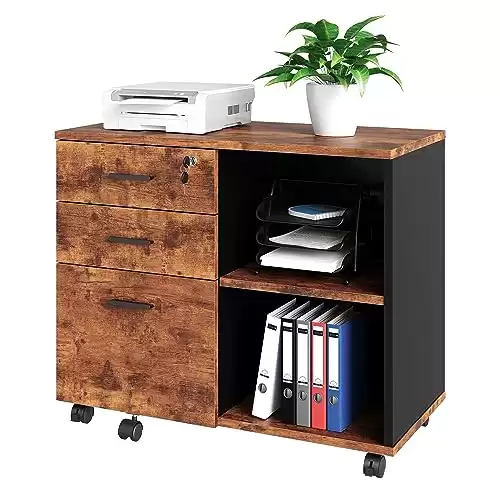 Wood File Cabinet, 3 Drawer Mobile Lateral Filing Cabinet On Wheels, Printer Stand with Open Storage Shelves for Home Office (Wood)