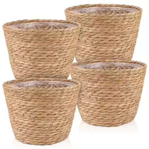 4 Pcs Large Premium Seagrass Planter Basket with Plastic Lining Natural Stylish Planter Baskets Indoor Outdoor Plants Woven Wicker Baskets for Plants Flower Pots Cover and Room Decor(10.2 7.5 ...