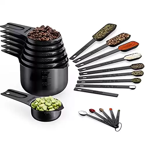 Wildone Black Measuring Cups & Spoons Set of 21 - Includes 7 Stainless Steel Nesting Measuring Cups, 8 Measuring Spoons, 1 Leveler & 5 Mini Measuring Spoons, Ideal for Dry & Liquid Ingredi...