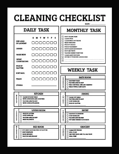 Cleaning Checklist: Daily Weekly and Monthly Cleaning Schedule Checklist Planner | Household Chores with Check Lists | House Cleaning Planner and Organizer