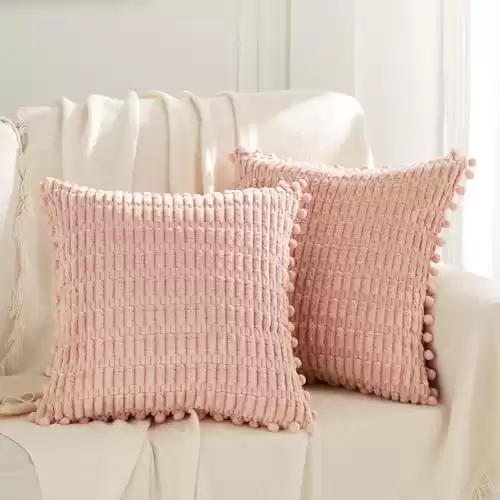 Fancy Homi 2 Packs Blush Pink Decorative Throw Pillow Covers 18×18 Inch with Pom-poms for Couch Bed Living Room, Farmhouse Boho Home Decor, Soft Corduroy Cute Square Cushion Case 45×45 cm