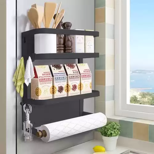 Dr.BeTree Magnetic Spice Rack for Refrigerator Magnetic Paper Towel Holder Shelf Fridge Magnet Organizer Spice Rack Organizer Kitchen Organization Kitchen Storage Black