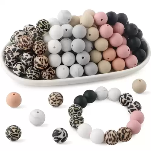 HHCFAST 70Pcs Print Silicone Beads, 15mm Silicone Beads for Keychain Making Dark Leopard Silicone Beads for Pens 15mm Silicone Print Beads for Necklace and Bracelets Making Classic Leopard