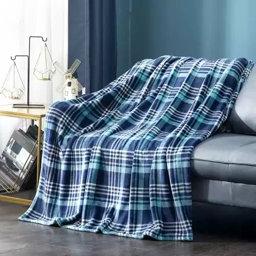 Vessia Buffalo Plaid Throw Blanket(50X70 Inch, Dark Blue), Lightweight Microfiber Farmhouse Couch Blanket, Cozy Comfy Soft All Season Flannel Fleece Blanket for Chair Bed Sofa Home Decor