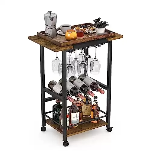 YAOHUOO Bar Cart, Serving Cart for Home, Microwave Cart, Drink Cart, Mobile Kitchen Shelf with Wine Rack and Glass Holder, Rolling Beverage Cart Idea