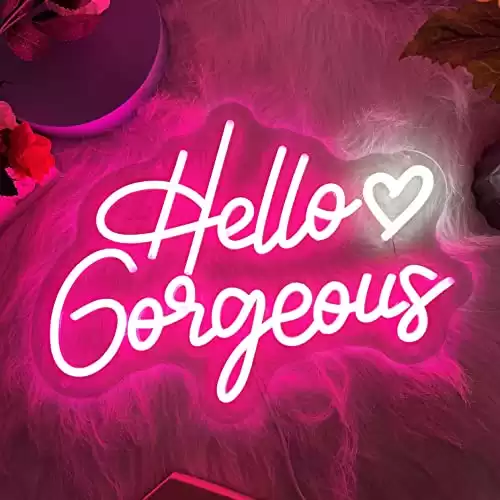 Hello Gorgeous Neon Sign LED Neon Light for Wall White Neon Signs for Bachelorette Party Birthday Engagement Party Wedding Decoration with Switch (16″ x 12″)