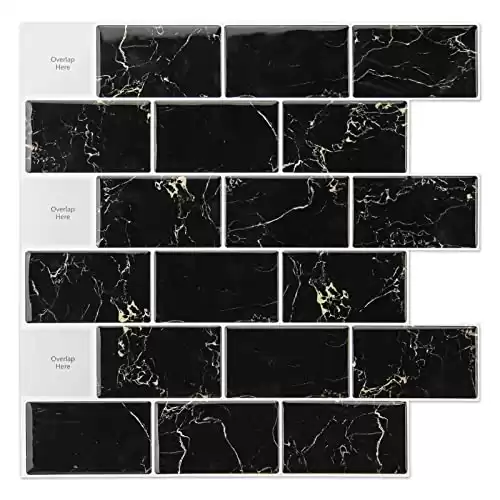 Art3d 10-Sheet Peel and Stick Subway Backsplash, 12 in. x 12in. Black Marble Design