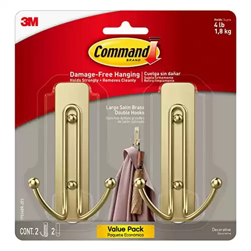 Command Large Wall Hooks, Damage Free Hanging Wall Hooks with Adhesive Strips, No Tools Double Wall Hooks for Hanging Decorations in Living Spaces, 2 Satin Brass Plastic Hooks and 2 Command Strips