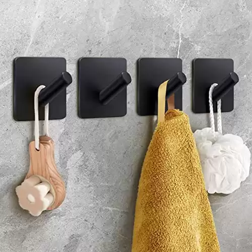 xdgeLoad Bath Towel Hooks 4 Pack, Heavy Duty Wall Hooks for Bathrooms/Coat/Robe/Kitchen, Non-Punching self-Adhesive Hooks, Matte Stainless Steel Black