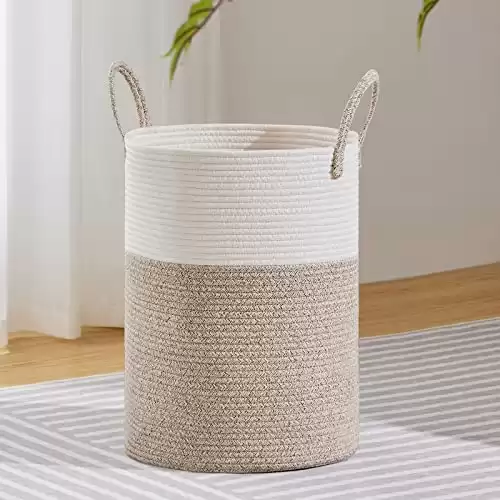 VIPOSCO Large Laundry Hamper, Tall Woven Rope Storage Basket for Blanket, Toys, Dirty Clothes in Living Room, Bathroom, Bedroom 58L White & Brown