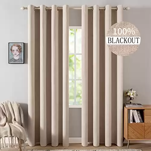 MIULEE 90 Inches Linen Textured Curtains for Bedroom 100% Blackout Thermal Insulated Natural Beige Grommet Room Darkening Curtains & Drapes Luxury Decor for Living Room Nursery 52 x 90 Inch (2 Pan...