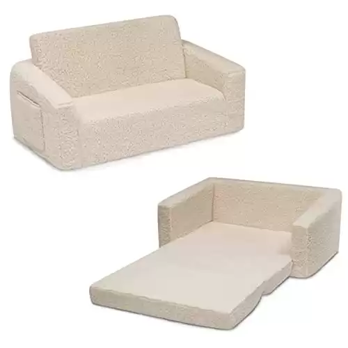 Delta Children Cozee Flip-Out Sherpa 2-in-1 Convertible Sofa to Lounger for Kids, Cream