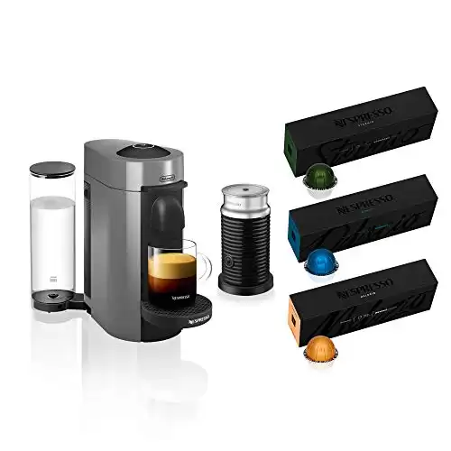 Nespresso ENV150GYAE VertuoPlus Coffee and Espresso Machine Bundle with Aeroccino Milk Frother by De'Longhi, Graphite Metal with Nespresso with Vertuoline Variety Pack Coffees included