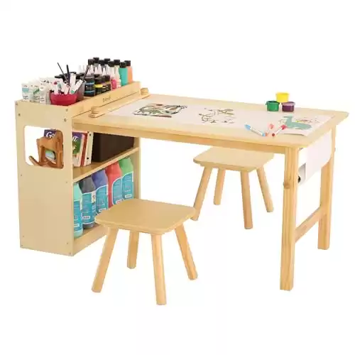 Bateso Kids Art Table and 2 Chairs with Roll Paper, Craft Table with Large Storage Shelves, Drawing Desk, Kids Activity Table and Study Table, Activity & Crafts for Children Wooden Furniture