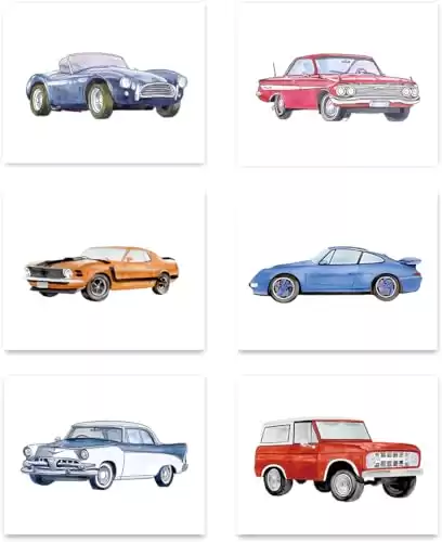 Watercolor Car Wall Art Prints,Modern Classic Car Wall Decor Poster,Retro Racecar Off-Road Vehicle Wall Art Set,Car Nursery Theme Canvas Prints for Boys Room Wall Decor,Set of 6 Unframed (8''...