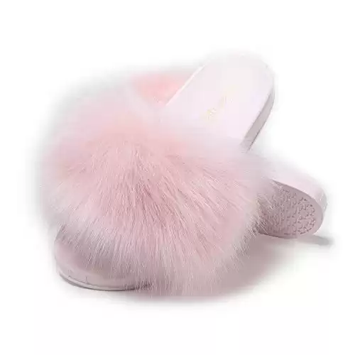 Women's Furry Slides Faux Fur Slides Fuzzy Slippers Fluffy Sandals Outdoor Indoor Pink-8