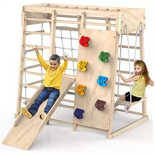 Indoor Jungle Gym, Toddler Climbing Toys Indoor, Indoor Playground Climbing Toys for Toddlers, Climber Playset with Slide, Climbing Rock/Net, Monkey Bars, Drawing Board, Abacus Game and Swing