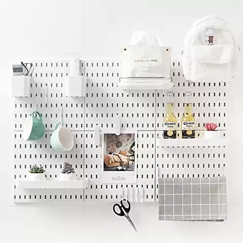 JoyBHole Pegboard Combination Kit with Shelf and Hooks No Punching for Garage Kitchen Living Room Bathroom Office,Pegboard Wall Organizer (White, 33" x 22")