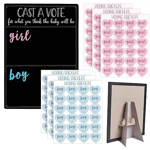 Gender Reveal Decorations for Baby Shower Games with 144 Girl or Boy Voting Stickers and Cast Your Vote Sign with Stand (Chalkboard Design, 12 x 17 in)