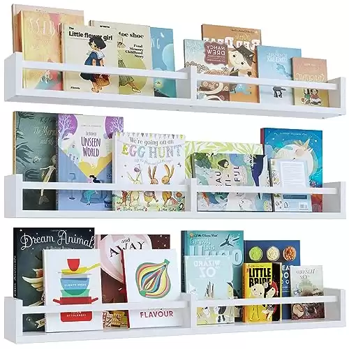 White Nursery Bookshelves,32Inch, Floating Nursery Shelves - Set of 3 - Book Shelf Organizer for Baby Nursery Room Decor, Wall Shelves for Kitchen Spice Rack, Pine