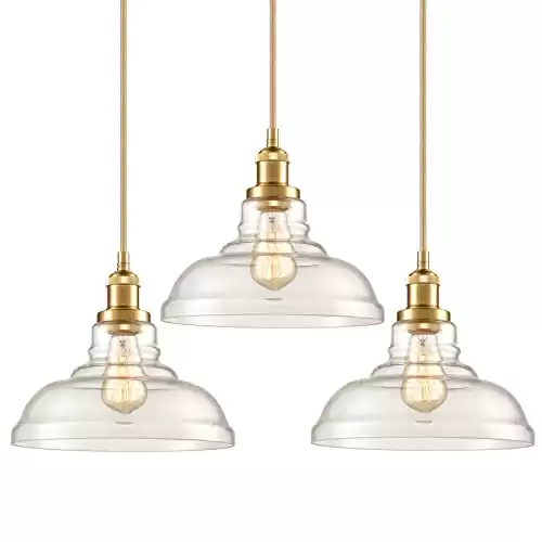 CLAXY Industrial Brass/Gold Pendant Lights Glass Dome Kitchen Hanging Light Fixture-3 Pack