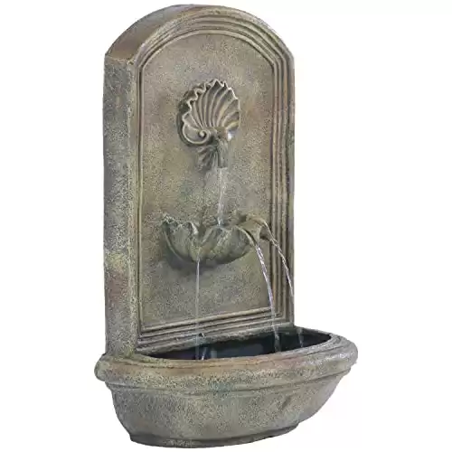 Sunnydaze Seaside 27-Inch Polystone Outdoor Wall Fountain - Electric Submersible Pump - Florentine Stone Finish