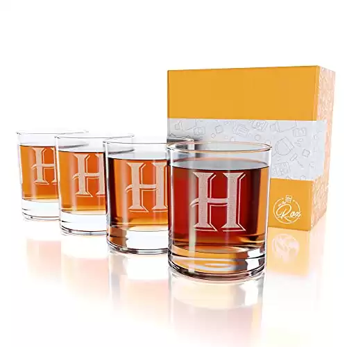 Monogrammed Gifts for Men - 4PC 11 Oz Custom Whiskey Glasses (H-Monogram) - Engraved Whiskey Glasses - Personalized Whiskey Glasses - Unique Bourbon Glasses - Personalized Glass Gifts for Dad